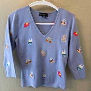 Mercer & Madison Blue V-Neck Sweater Medium Embroidery Coastal Summer Casual
